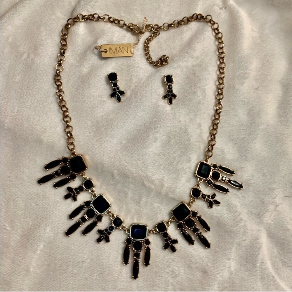 NWT Tribal Set Necklace & Earrings IMAN Gold-Tone Shiny Black Bib Necklace Gift - Picture 4 of 16